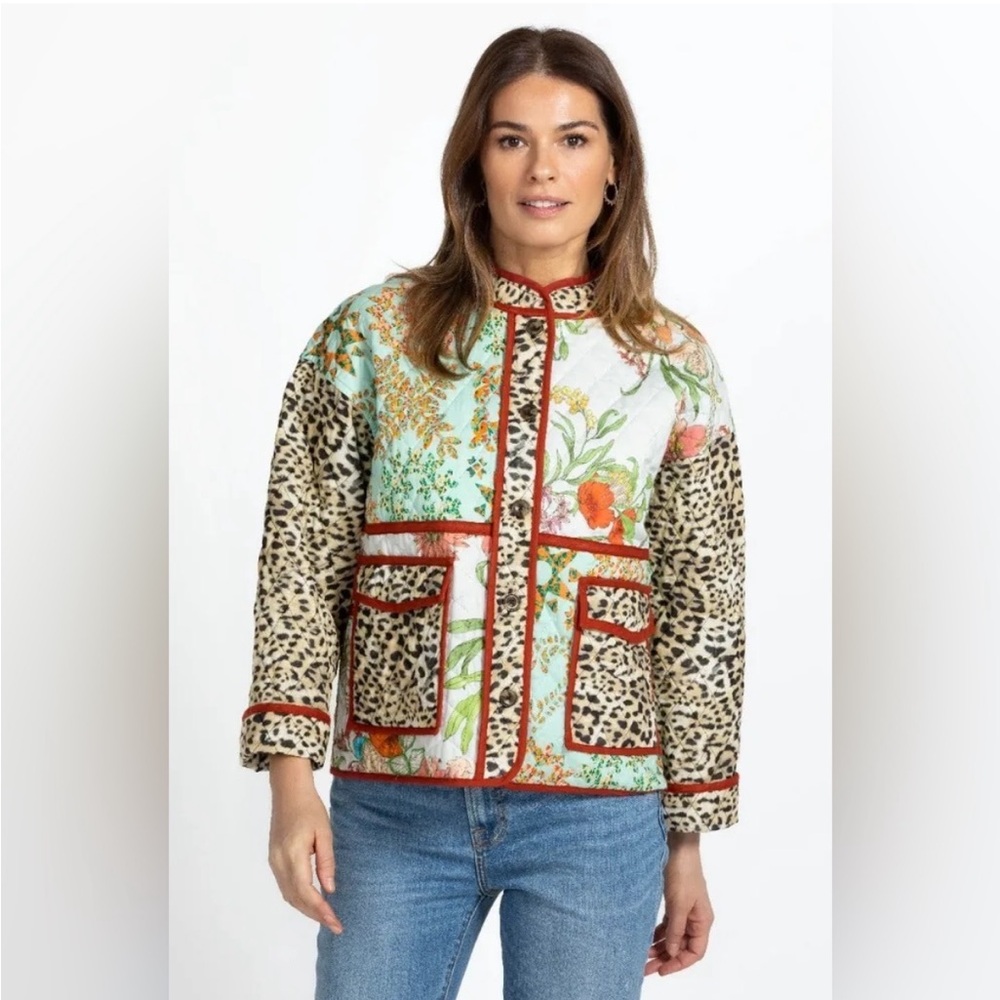 Johnny Was Liliana Quilted Pocket Coat Jacket Leopard Print Animal Cheetah XS/S